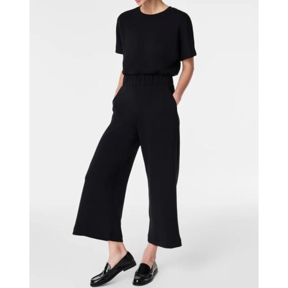 SPANX Pants - Spanx AirEssentials Crop Wide Leg Jumpsuit Very Black Dolman Short Sleeve Romper